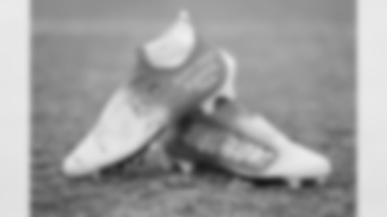 View of the cleats worn by Atlanta Falcons wide receiver Russell Gage #14 for My Cause, My Cleats at Atlanta Falcons Headquarters in Flowery Branch, Georgia, on Wednesday, December 1, 2021. (Photo by Shanna Lockwood/Atlanta Falcons)