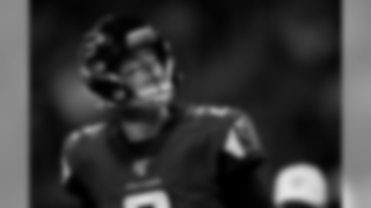 Atlanta Falcons quarterback Matt Ryan #2 looks up at the Halo Board in the first quarter during the game against the New York Jets at Mercedes-Benz Stadium in Atlanta, Georgia, on Thursday August 15, 2019. (Photo by Rob Foldy/Atlanta Falcons).