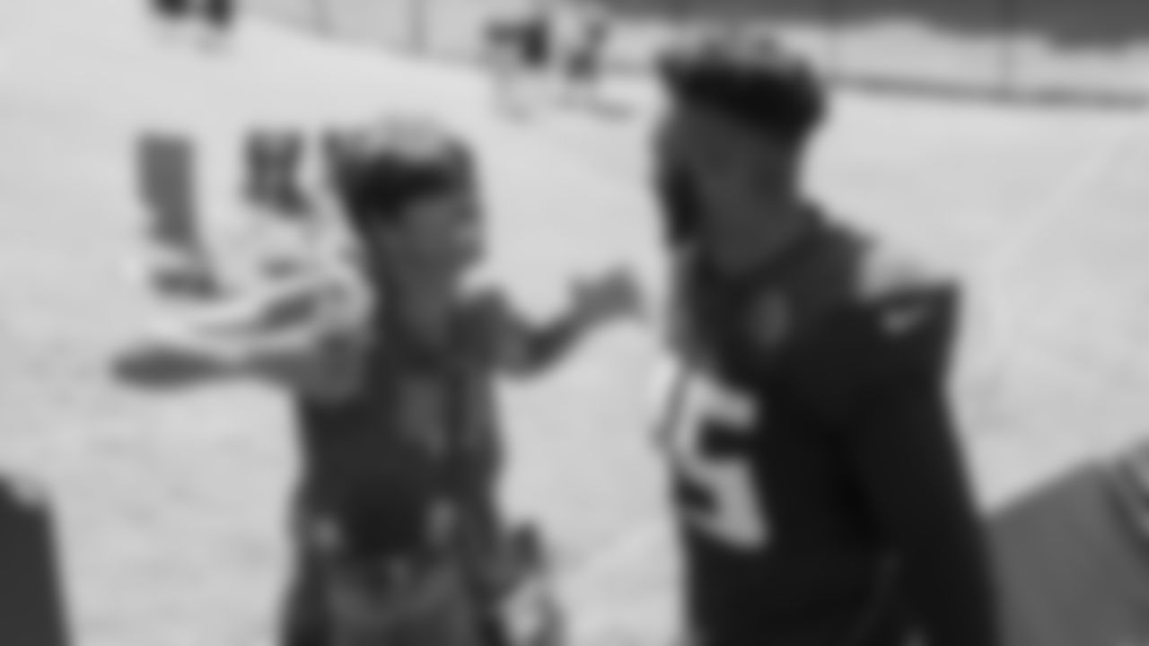 Atlanta Falcons linebacker Mike Jones Jr. #45 greets his mom during AT&T Atlanta Falcons Training Camp at Atlanta Falcons Training Facility in Flowery Branch, Ga. on Monday, July 31, 2023. (Photo by Shanna Lockwood/Atlanta Falcons)
