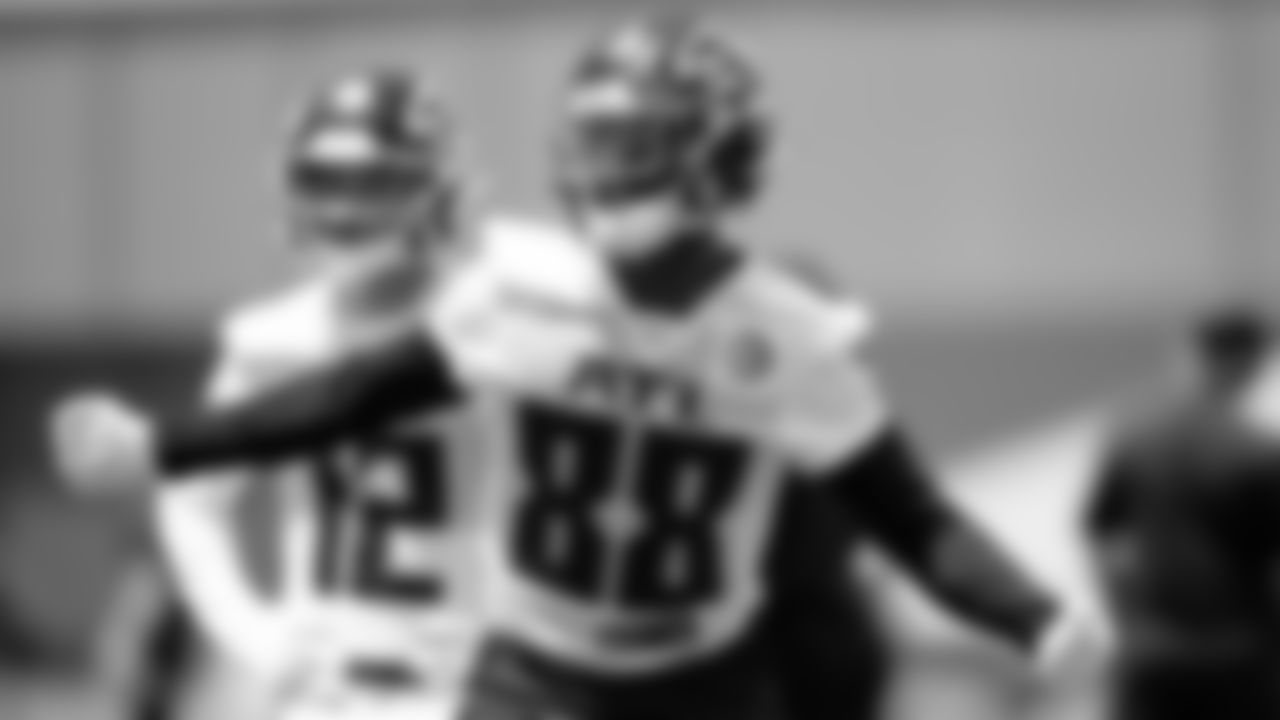 Atlanta Falcons wide receiver Frank Darby #88 in action during the first practice of Atlanta Falcons rookie minicamp on May 14, 2021.