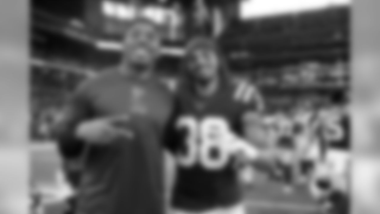 Atlanta Falcons running back Qadree Ollison #30 meets with Indianapolis Colts cornerback Ryan Lewis #38 after the game at Lucas Oil Stadium in Indianapolis, Indiana, on Sunday September 22, 2019. (Photo by Kara Durrette/Atlanta Falcons)