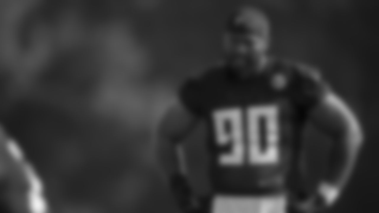 Atlanta Falcons defensive lineman David Onyemata #90 during AT&T Atlanta Falcons Training Camp at Atlanta Falcons Training Facility in Flowery Branch, Ga. on Friday, July 28, 2023. (Photo by Shanna Lockwood/Atlanta Falcons)