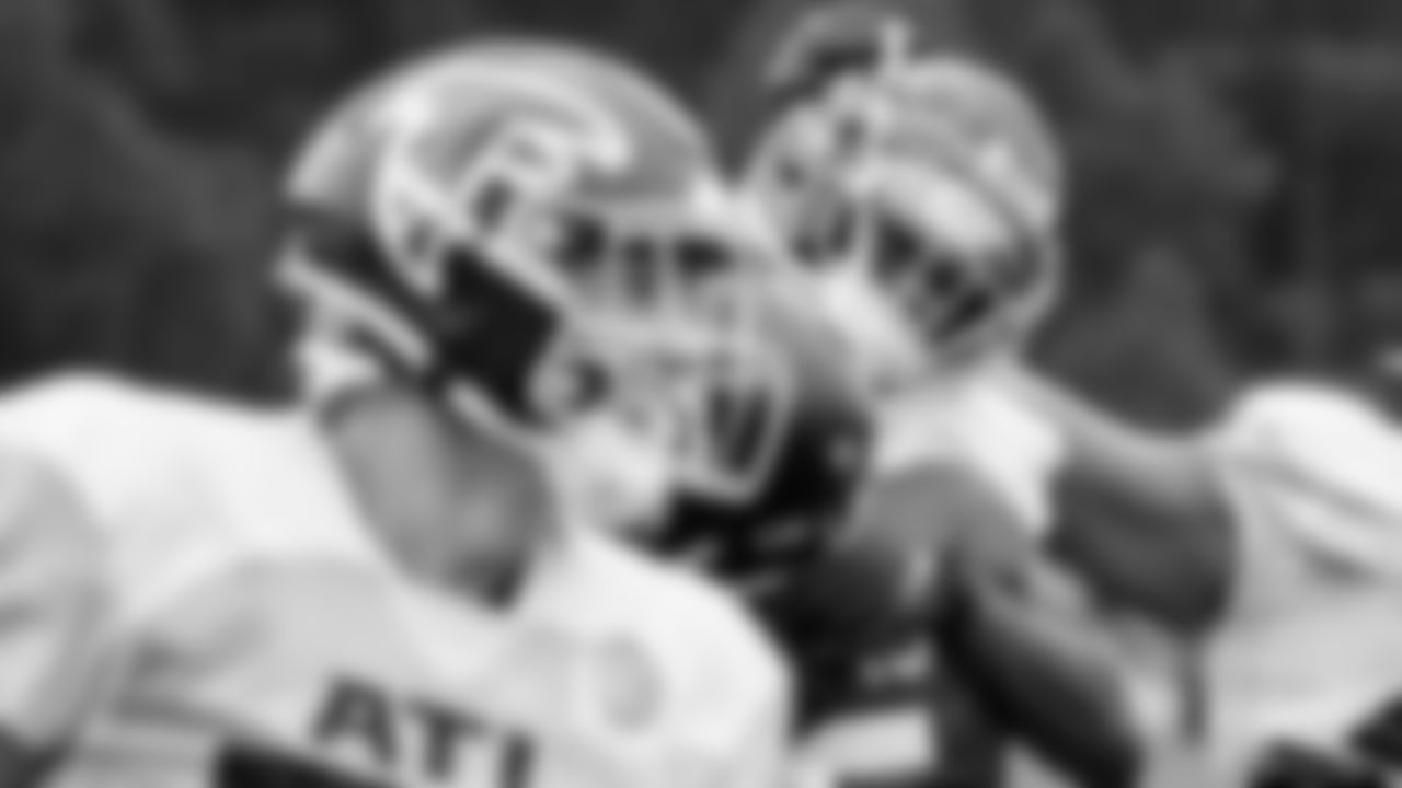 Atlanta Falcons quarterback Feleipe Franks #15 hugs wide receiver Christian Blake #13 during AT&T Atlanta Falcons Training Camp at Atlanta Falcons Headquarters in Flowery Branch, Georgia, on Tuesday August 3, 2021. (Photo by Kara Durrette/Atlanta Falcons)