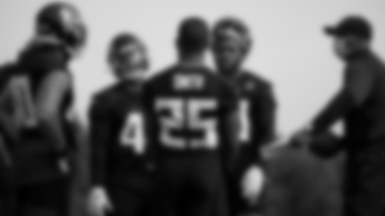The running backs huddle up at AT&T Atlanta Falcons Training Camp on August 19, 2020 in Flowery Branch, GA. (Photo by Kara Durrette/Atlanta Falcons)