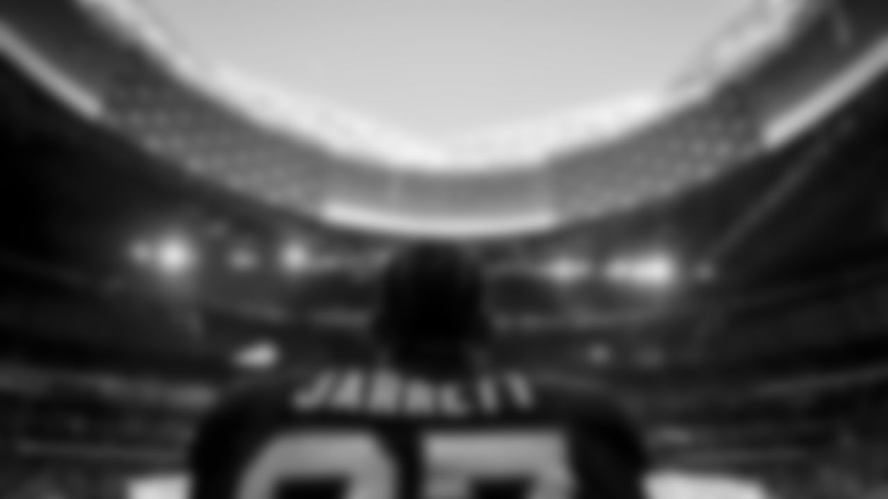 Atlanta Falcons defensive lineman Grady Jarrett #97 during the anthem prior to the game against the San Francisco 49ers at Mercedes-Benz Stadium in Atlanta, Georgia on Sunday, October 16, 2022. (Photo by Shanna Lockwood/Atlanta Falcons)