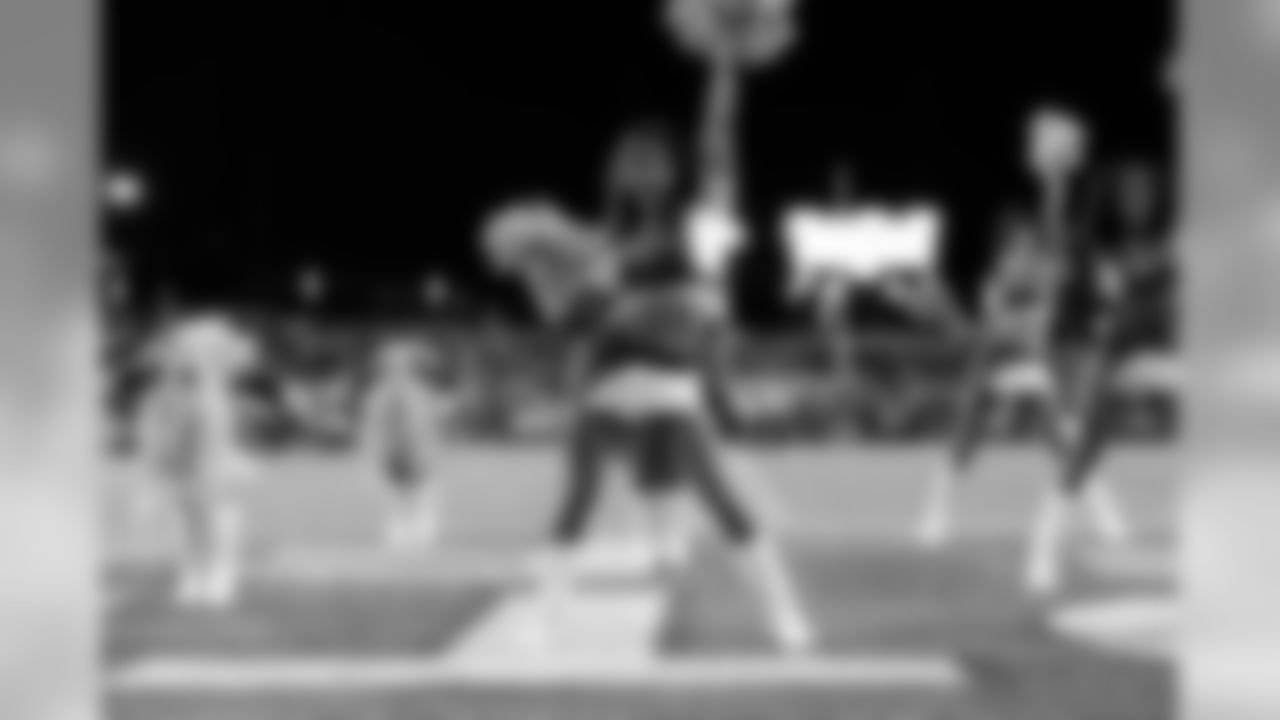 Cheerleaders perform during the game between the Atlanta Falcons and the Denver Broncos at Tom Benson Hall of Fame Stadium in Canton, Ohio, on Thursday August 1, 2019. (Photo by Kara Durrette/Atlanta Falcons)