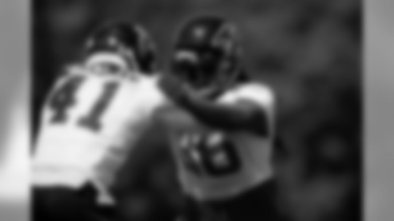 Atlanta Falcons defensive back Kemal Ishmael #36 and defensive back Sharrod Neasman #41 participate in a drill during practice. (Photo by Kara Durrette/Atlanta Falcons).