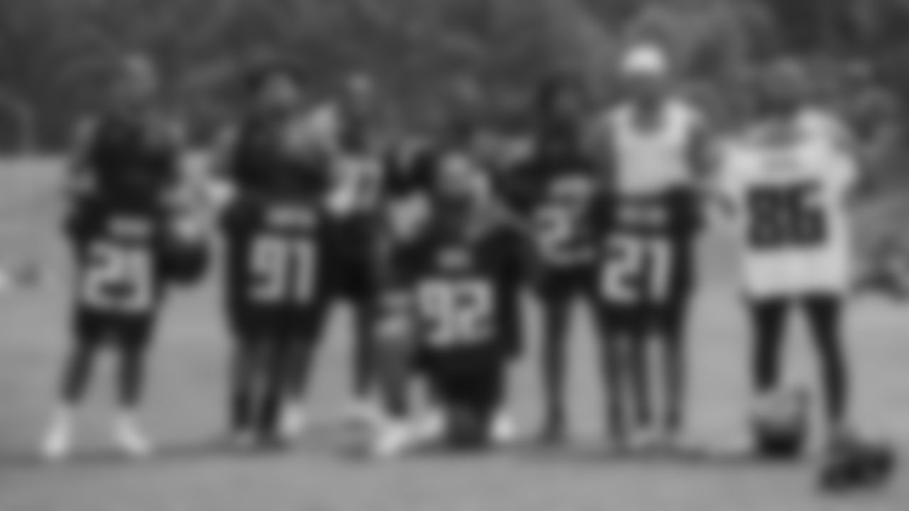 Atlanta Falcons cornerback Alijah McGhee #29, tackle Terry Hampton #91, defensive specialist DeMarcco Hellams #37, cornerback Clark Phillips #34, Atlanta Falcons tackle Matthew Gotel #92, cornerback Ferlando Jordan #23, cornerback Nehemiah Shelton #21, wide receiver Keilahn Harris #86 during the 2023 Rookie Minicamp at the Atlanta Falcons headquarters in Flowery Branch, Georgia, on Sunday, May 14, 2023. (Photo by Shanna Lockwood/Atlanta Falcons)