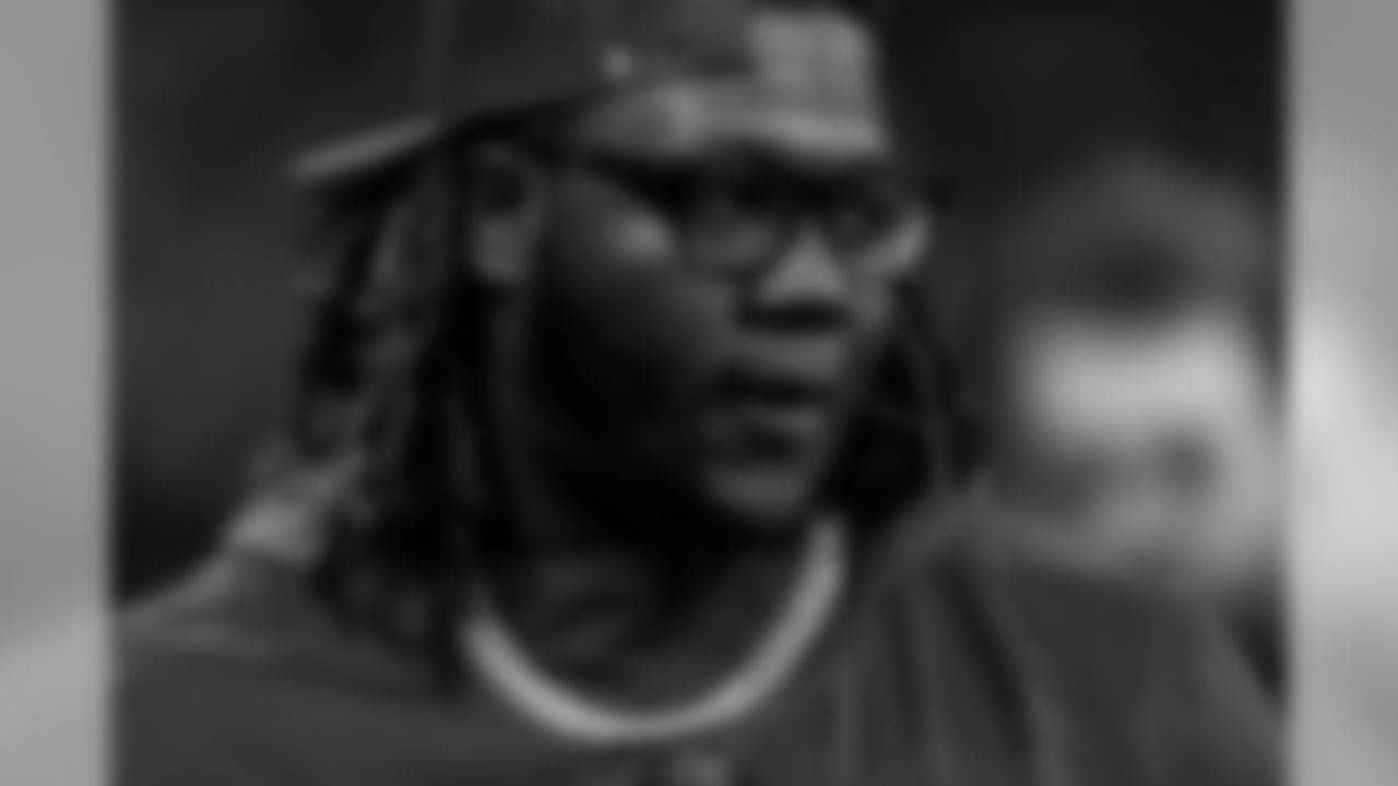 Atlanta Falcons offensive guard Jamon Brown #68 looks on from the sideline at Mercedes-Benz Stadium in Atlanta, GA, on Sunday December 8, 2019. (Photo by Kara Durrette/Atlanta Falcons)