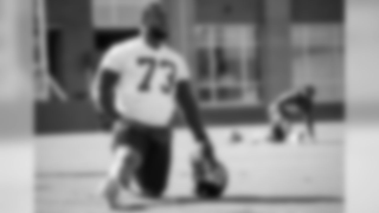 Atlanta Falcons offensive tackle Matt Gono #73 looks on during practice. (Photo by Kara Durrette/Atlanta Falcons)