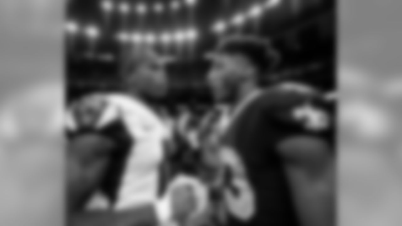 Atlanta Falcons wide receiver Julio Jones #11 and New Orleans Saints wide receiver Michael Thomas #13 shake hands after the game at the Mercedes-Benz Superdome in New Orleans, LA, on Sunday November 10, 2019. (Photo by Mark Brown/Atlanta Falcons)