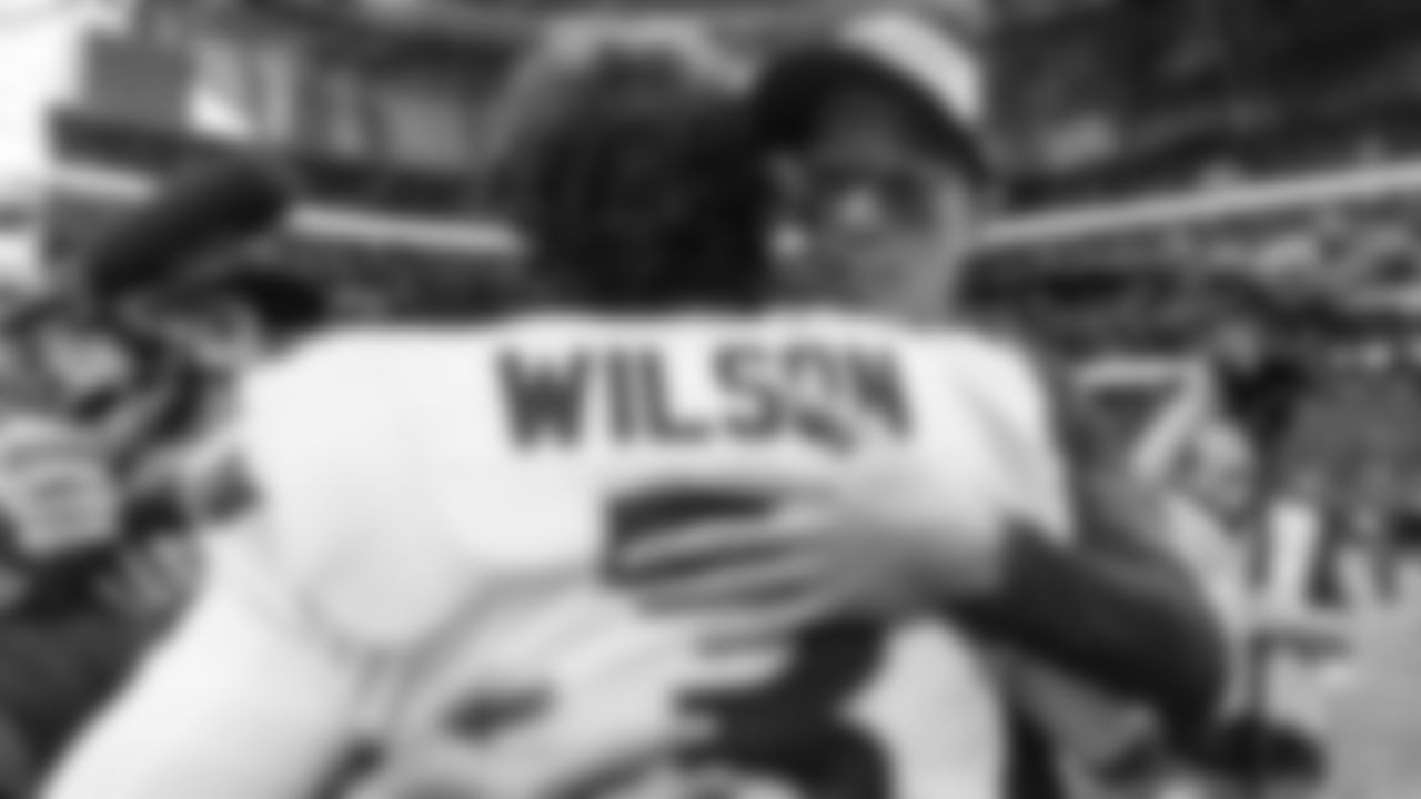 Atlanta Falcons quarterback Matt Ryan #2 and Seattle Seahawks quarterback Russell Wilson #3 after the game between the Atlanta Falcons and the Seattle Seahawks at Mercedes-Benz Stadium in Atlanta, GA, on Sunday October 27, 2019. (Photo by Kara Durrette/Atlanta Falcons)
