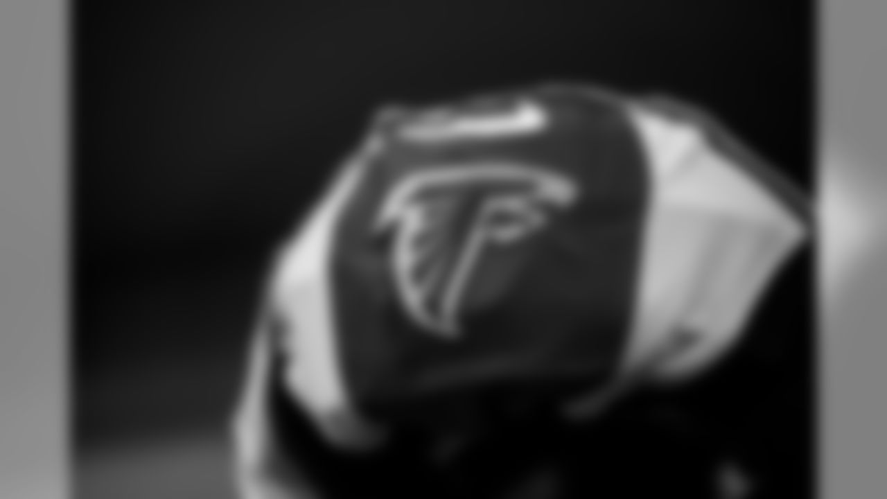 A detailed view of the Atlanta Falcons logo on a jersey in the locker room before the game against the Indianapolis Colts at Lucas Oil Stadium in Indianapolis, Indiana, on Sunday September 22, 2019. (Photo by Rob Foldy/Atlanta Falcons)