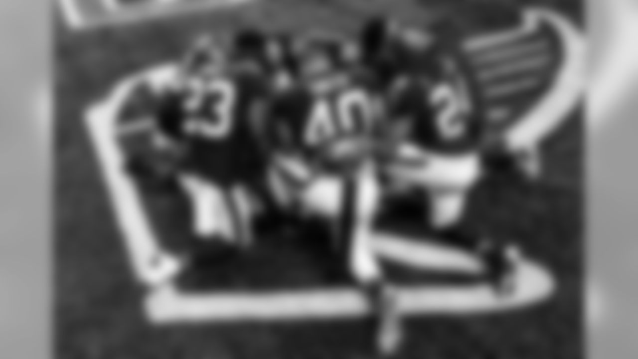 Atlanta Falcons pray on the field before the game against the New Orleans Saints at Mercedes-Benz Stadium in Atlanta, GA, on Thursday November 28, 2019. (Photo by Fred Daniels/Atlanta Falcons)