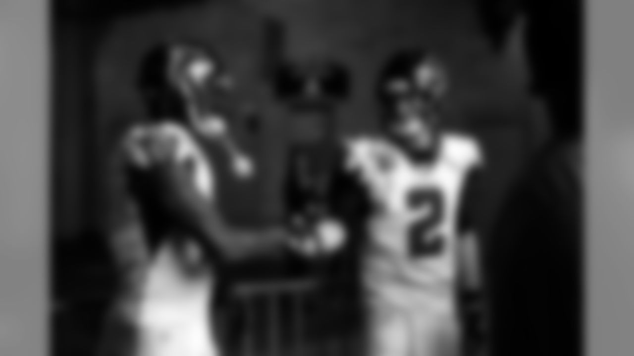 Atlanta Falcons quarterback Matt Ryan #2 and wide receiver Julio Jones #11 shake hands before the game against the Tampa Bay Buccaneers at Raymond James Stadium in Tampa, FL, on Sunday December 29, 2019. (Photo by Rob Foldy/Atlanta Falcons)