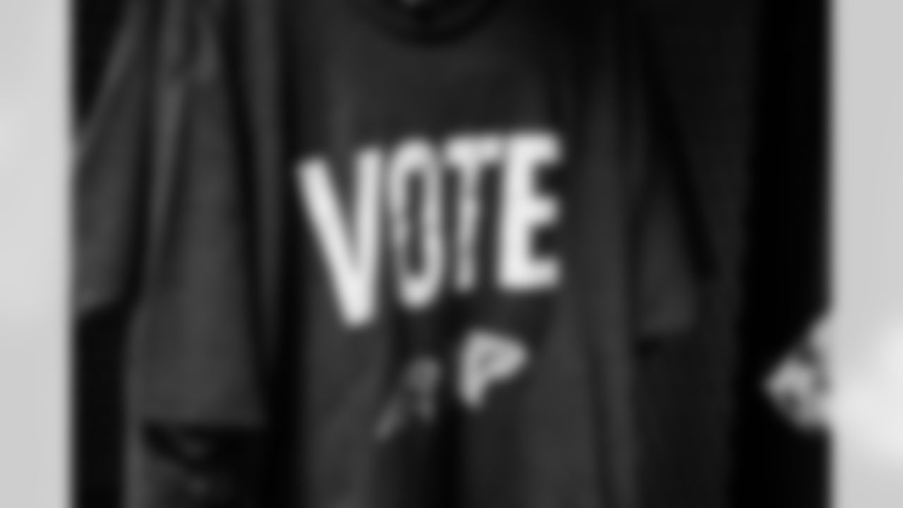 A detailed view of a Rock the Vote shirt before the game against the Carolina Panthers on October 29, 2020. (Photo by Matt Haley/Atlanta Falcons)