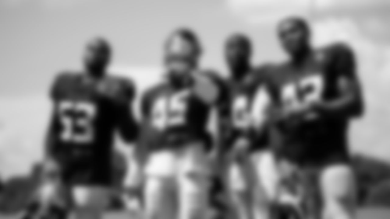 Atlanta Falcons linebacker Erroll Thompson #53, linebacker Deion Jones #45, linebacker Foye Oluokun #54, and linebacker Mykal Walker #43 pose for a photo during AT&T Atlanta Falcons Training Camp at Atlanta Falcons Headquarters in Flowery Branch, Georgia, on Thursday August 26, 2021. (Photo by Dakota Williams/Atlanta Falcons)