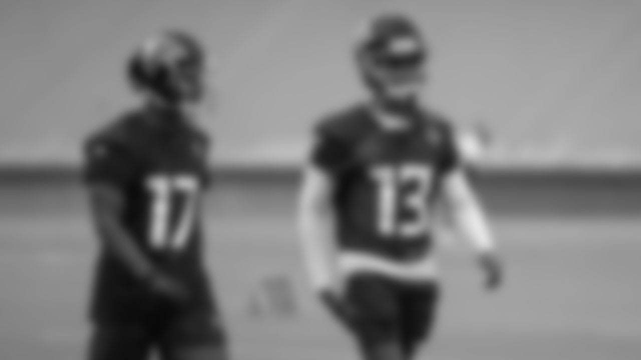 Atlanta Falcons wide receiver Olamide Zaccheaus #17 walks with wide receiver Christian Blake #13 during practice at IBM Performance Field. (Photo by Kara Durrette/Atlanta Falcons)
