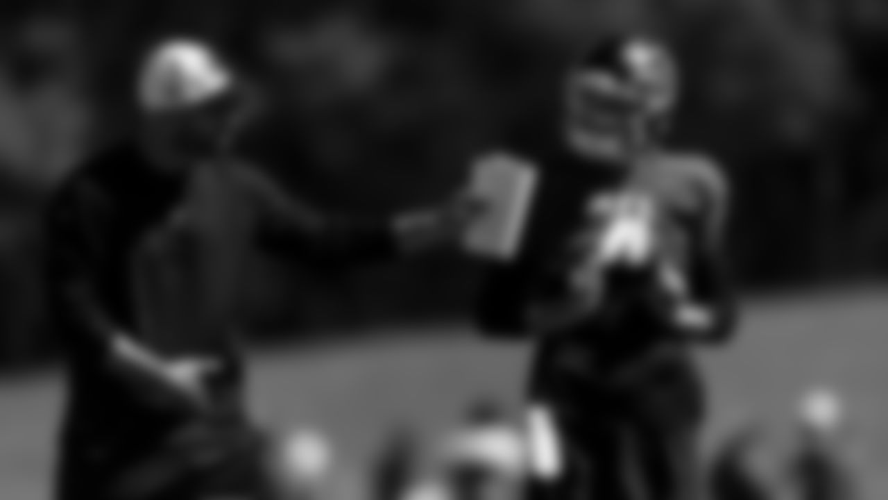Atlanta Falcons quarterback Desmond Ridder #4 receives instruction during practice in Flowery Branch, Georgia, on Thursday, September 29, 2022. (Photo by Mitch Martin/Atlanta Falcons)