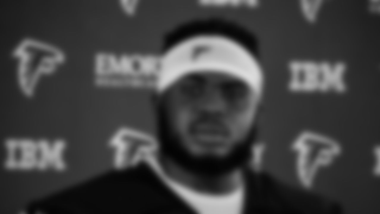 Atlanta Falcons defensive tackle Grady Jarrett #97 speaks to the media at AT&T Atlanta Falcons Training Camp on July 29, 2021. (Photo by Kara Durrette/Atlanta Falcons)