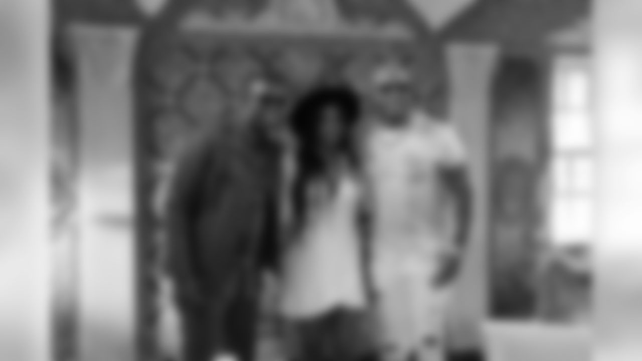 Deion Sanders and Flo Rida pose with Deiondra Sanders at the Versace Mansion ahead of Super Bowl LIV, Wednesday, Jan. 29, 2020 in Miami, Fla. (Logan Bowles/NFL)