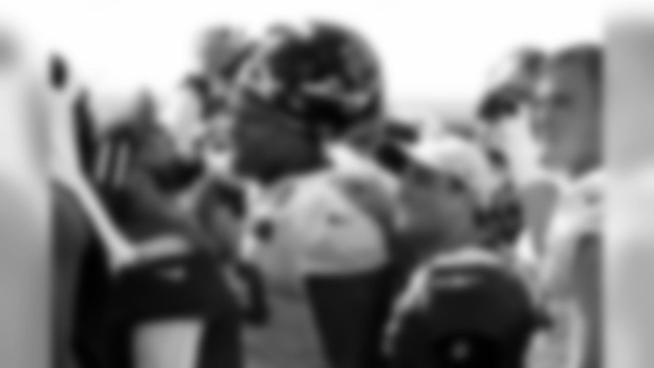July 27, 2019 - DL Jack Crawford breaks down the team with P Matt Bosher on the fifth day of practice. (Photo by Kara Durrette/Atlanta Falcons)