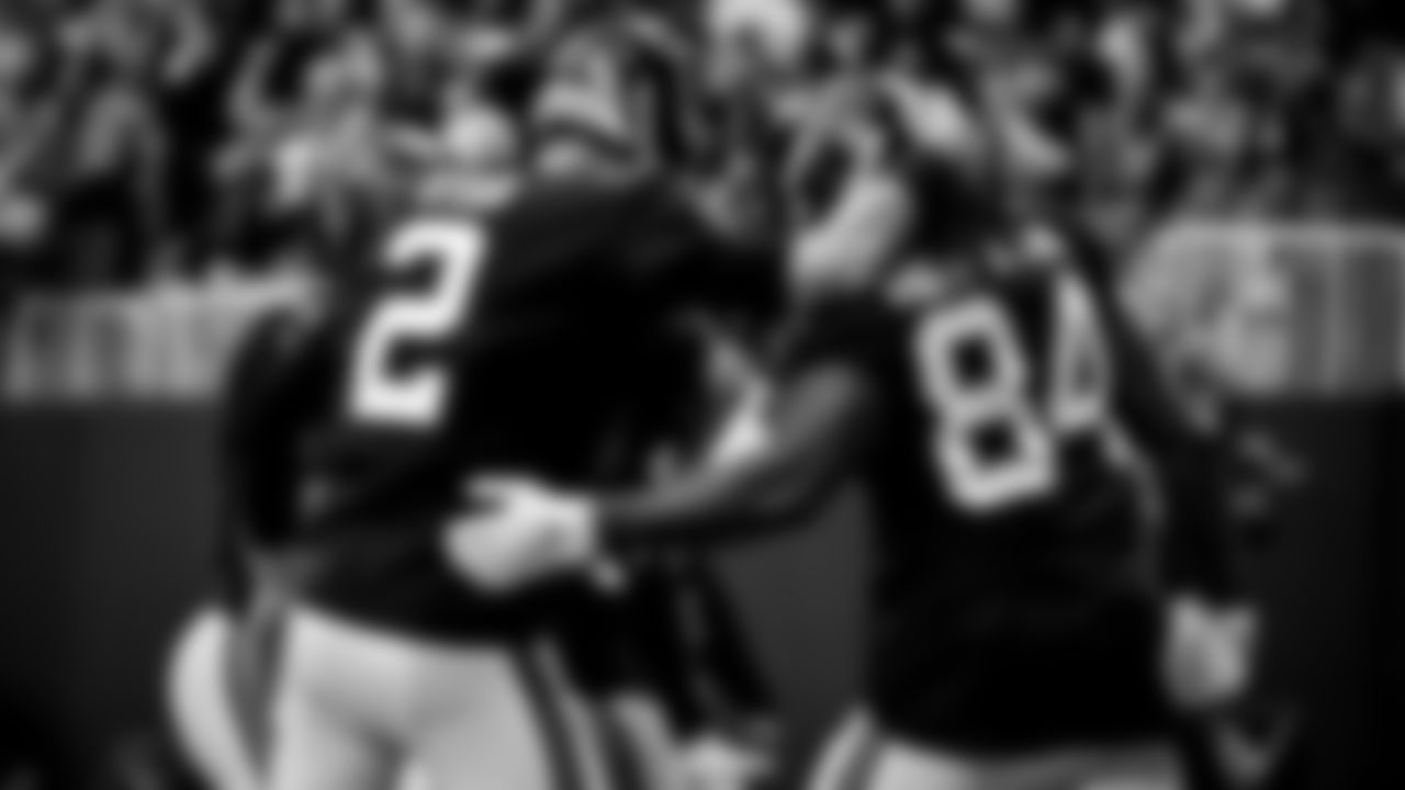 Atlanta Falcons running back Cordarrelle Patterson #84 and quarterback Matt Ryan #2 celebrate his touchdown against the Detroit Lions at Mercedes-Benz Stadium in Atlanta, Georgia on Sunday, December 26, 2021. (Photo by Shanna Lockwood/Atlanta Falcons)