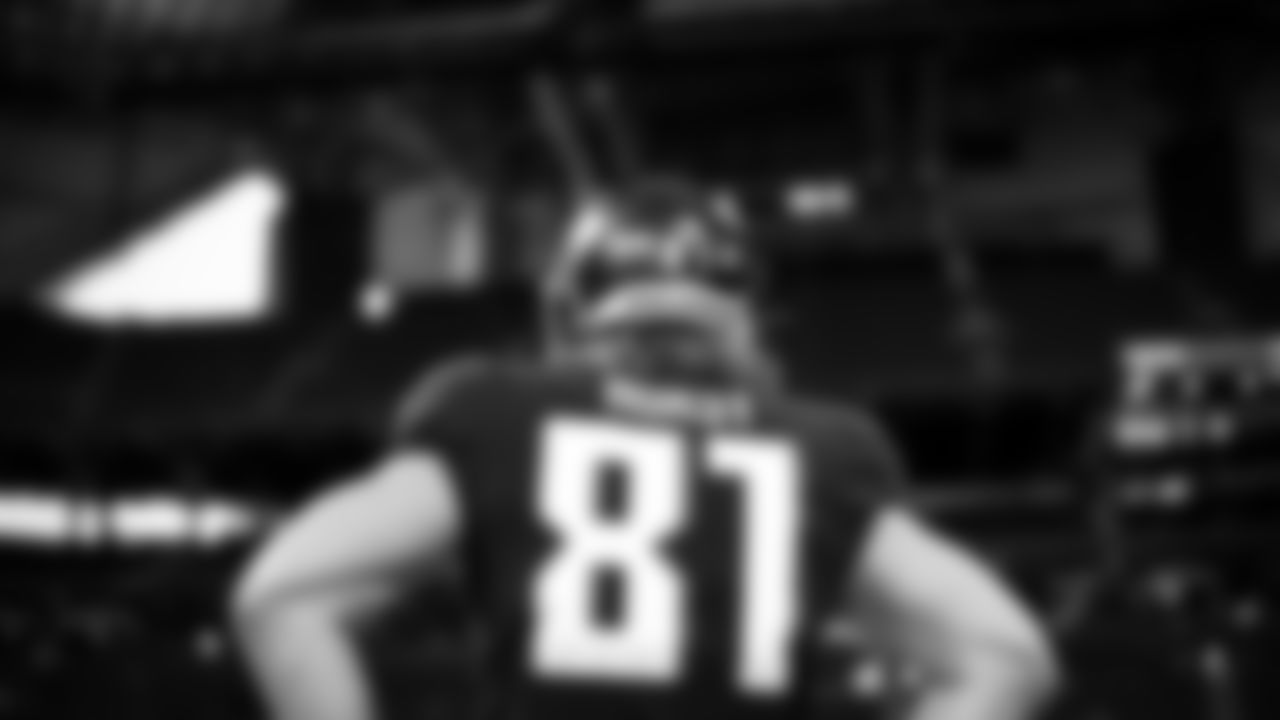 Atlanta Falcons tight end Hayden Hurst #81 looks on during pregame against the Tampa Bay Buccaneers on December 20, 2020.