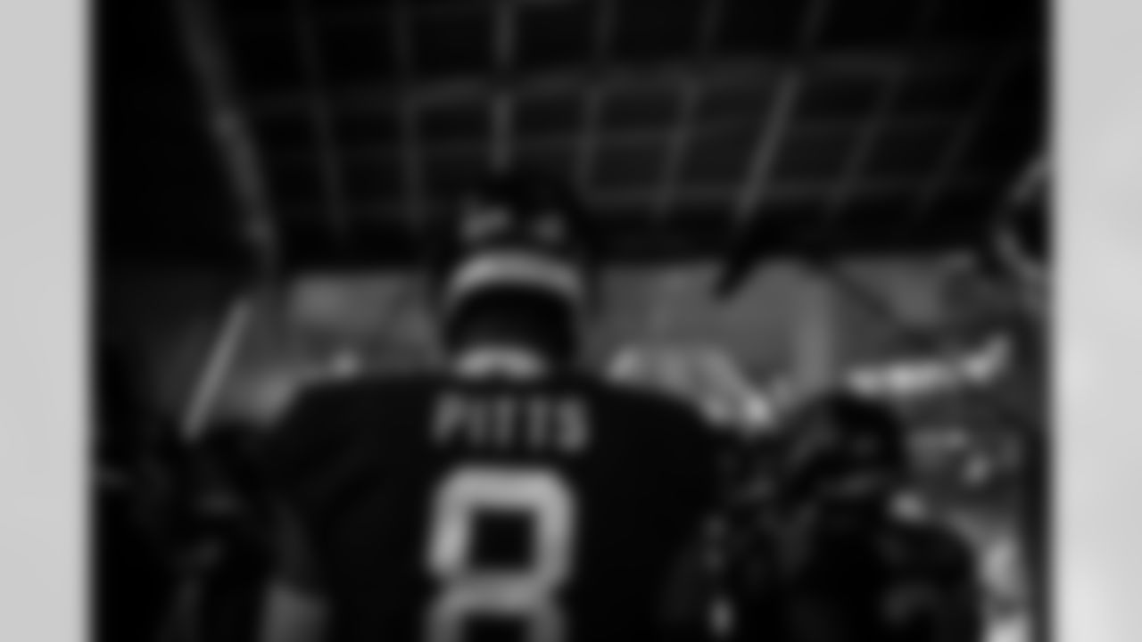 The Atlanta Falcons prepare to take the field prior to a game against the New England Patriots at Mercedes-Benz Stadium in Atlanta, Georgia on Thursday, November 18, 2021. (Photo by Brandon Magnus/Atlanta Falcons)