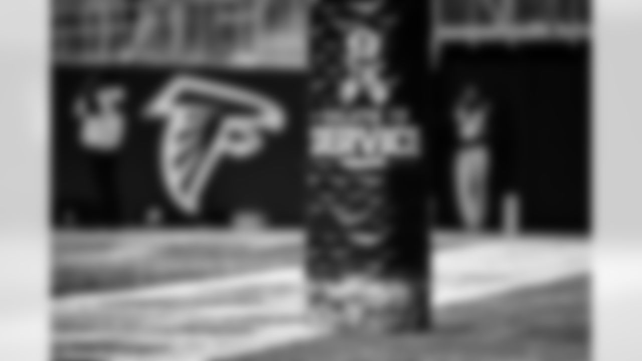 Detail view of Salute to Service logos during a game between the Vegas Golden Knights and the Detroit Red Wings at Mercedes-Benz Stadium in Atlanta, Georgia on Thursday, November 18, 2021. (Photo by Kyle Hess/Atlanta Falcons)
