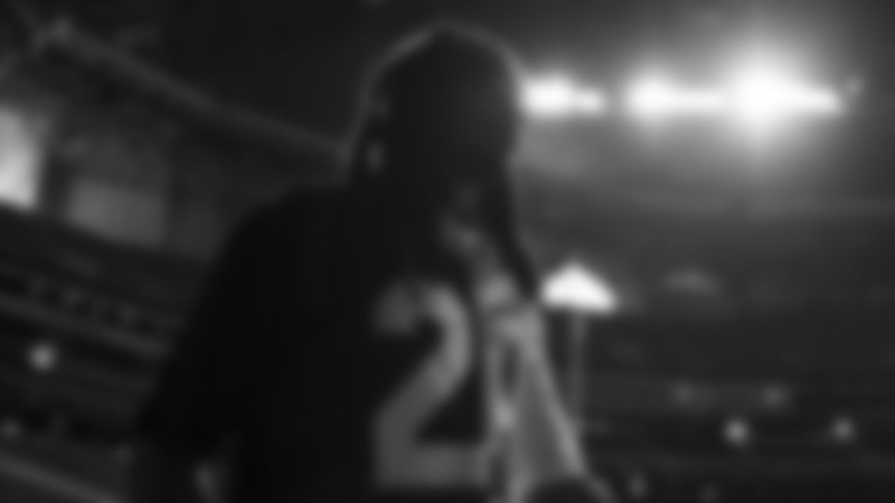 Quavo is filmed for a season kickoff video at Mercedes-Benz Stadium in Atlanta, Georgia, on Sunday, August 27, 2023. (Photo by Shanna Lockwood/Atlanta Falcons)