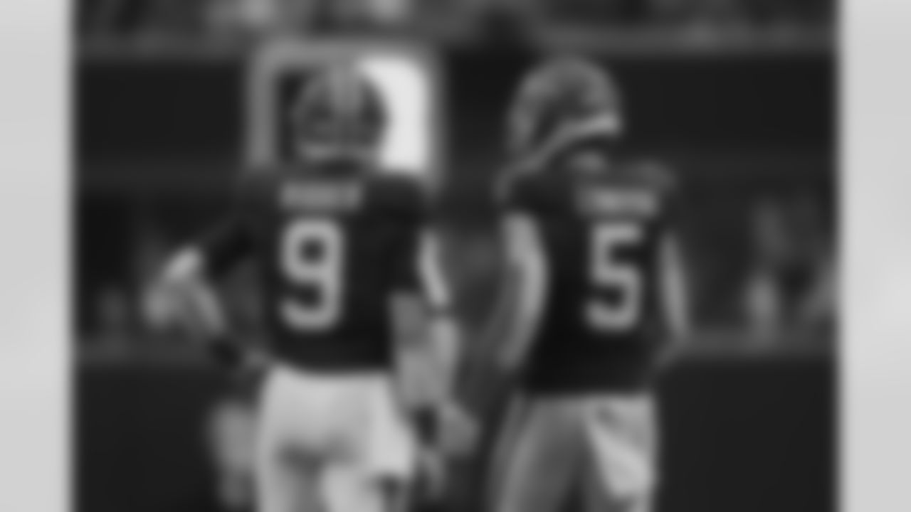 Atlanta Falcons quarterback Desmond Ridder #9 and Atlanta Falcons wide receiver Drake London #5 during the Week 2 Game against the Green Bay Packers at Mercedes-Benz Stadium in Atlanta, Georgia on Sunday, September 17, 2023. (Photo by Shanna Lockwood/Atlanta Falcons)