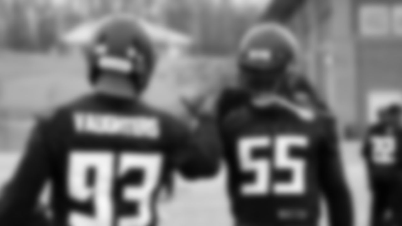Atlanta Falcons linebacker Steven Means #55 and James Vaughters #93 during team practice at Atlanta Falcons Headquarters in Flowery Branch, Georgia, on Friday, December 24, 2021. (Photo by Shanna Lockwood/Atlanta Falcons)