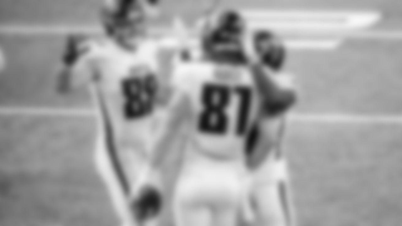 Atlanta Falcons tight end Hayden Hurst (81) celebrates a touchdown with Olamide Zaccheaus (17) , and Luke Stocker (88) against the Minnesota Vikings on October 18, 2020. (Photo by Adam Hagy/Atlanta Falcons)