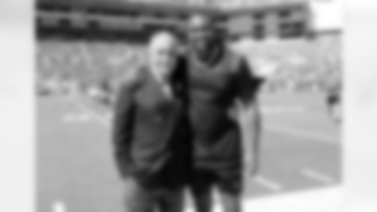 Atlanta Falcons owner Arthur Blank seen on the field with running back Cordarrelle Patterson #84 prior to the game against the Tampa Bay Buccaneers at Raymond James Stadium in Tampa, Florida on Sunday, October 9, 2022. (Photo by Shanna Lockwood/Atlanta Falcons)