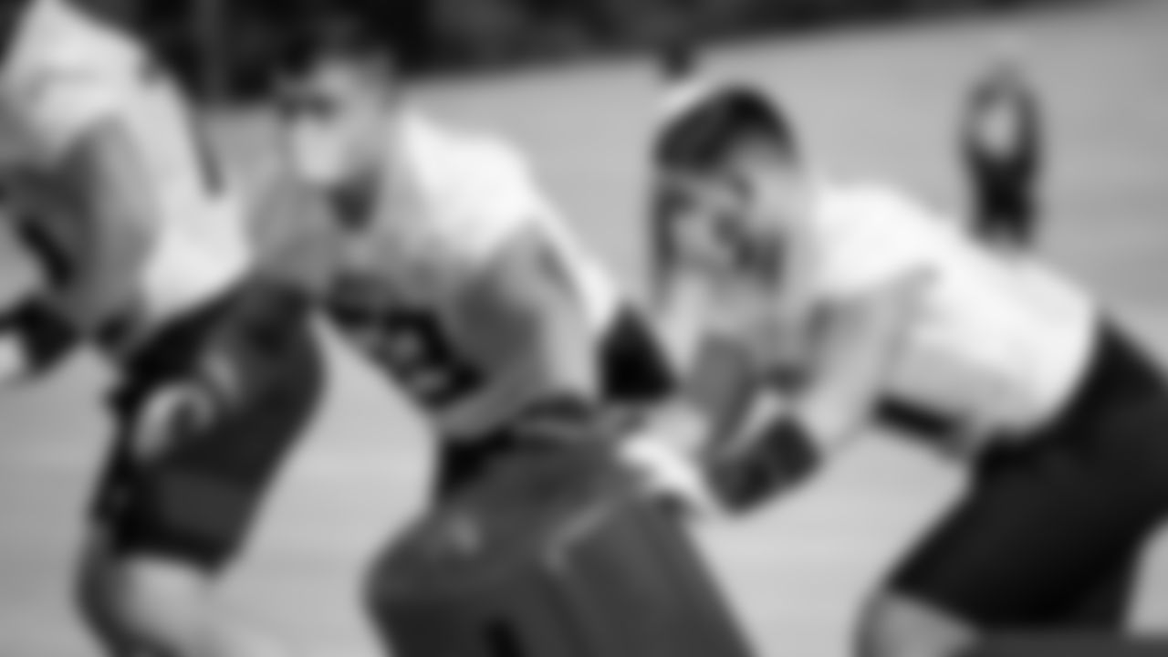 Atlanta Falcons center Matt Hennessy #61 and offensive guard Chris Lindstrom #63 in action during practice at IBM Performance field.