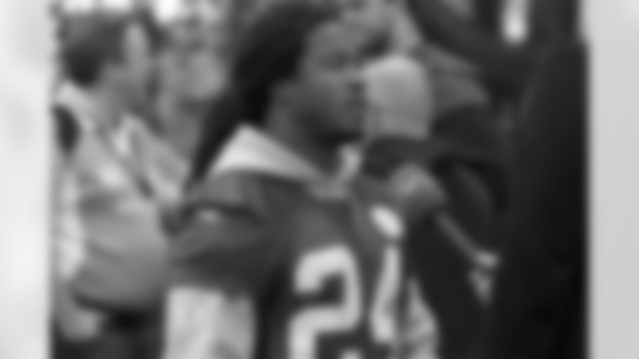 RB Devonta Freeman speaks with the media