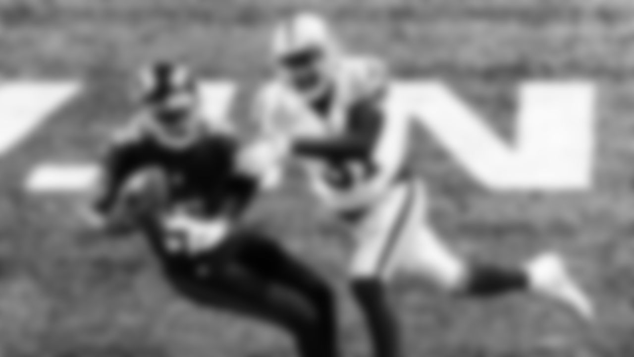 Atlanta Falcons wide receiver Christian Blake #13 catches a touchdown against Las Vegas Raiders cornerback Isaiah Johnson #31 on November 29, 2020.