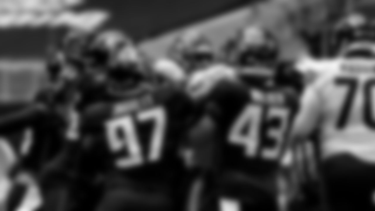 The Atlanta Falcons defense stands up to the Chicago Bears offense during the first half against the Chicago Bears on September 27, 2020. (Photo by Rob Foldy/Atlanta Falcons)