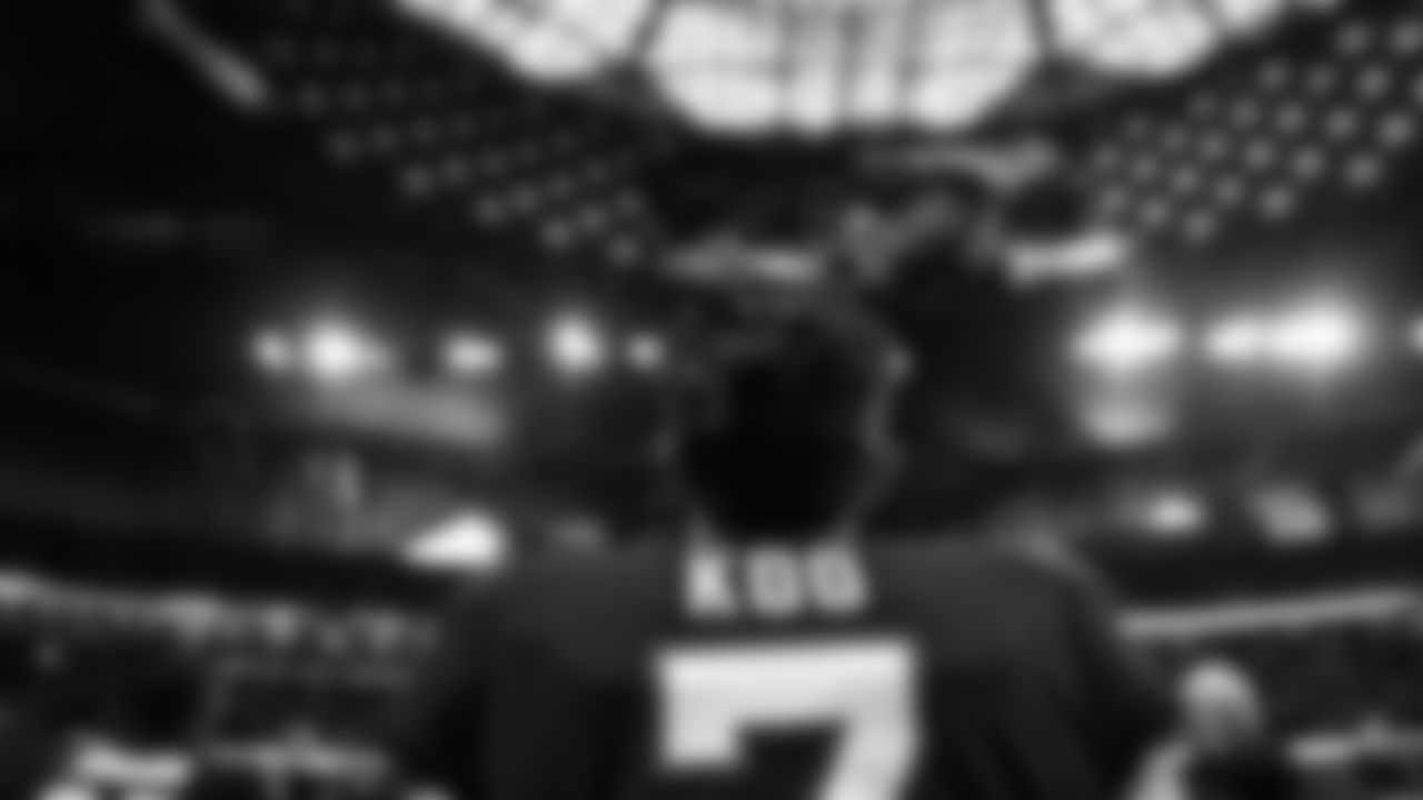 Atlanta Falcons kicker Younghoe Koo #7 looks on during the National Anthem before the game against the Pittsburgh Steelers at Mercedes-Benz Stadium in Atlanta, Georgia on Sunday, December 4, 2022. (Photo by Mitchell Martin/Atlanta Falcons)