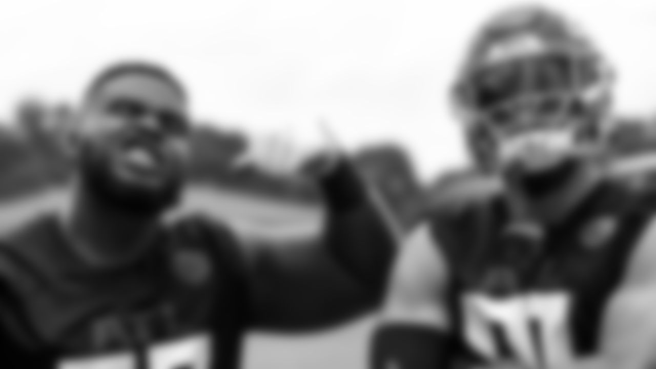 Atlanta Falcons defensive tackle Grady Jarrett #97 and Atlanta Falcons outside linebacker Jacob Tuioti-Mariner #91 during organized team activities in Phase III of the Atlanta Falcons offseason program on June 3, 2021.