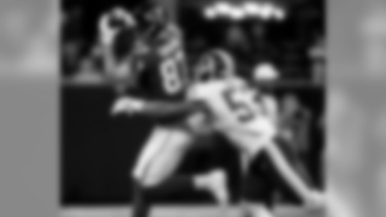 Atlanta Falcons tight end Jaeden Graham #87 receives the ball during the game against the Washington Redskins at Mercedes-Benz Stadium in Atlanta, Georgia, on Thursday August 22, 2019. (Photo by Lynn Bass/Atlanta Falcons)