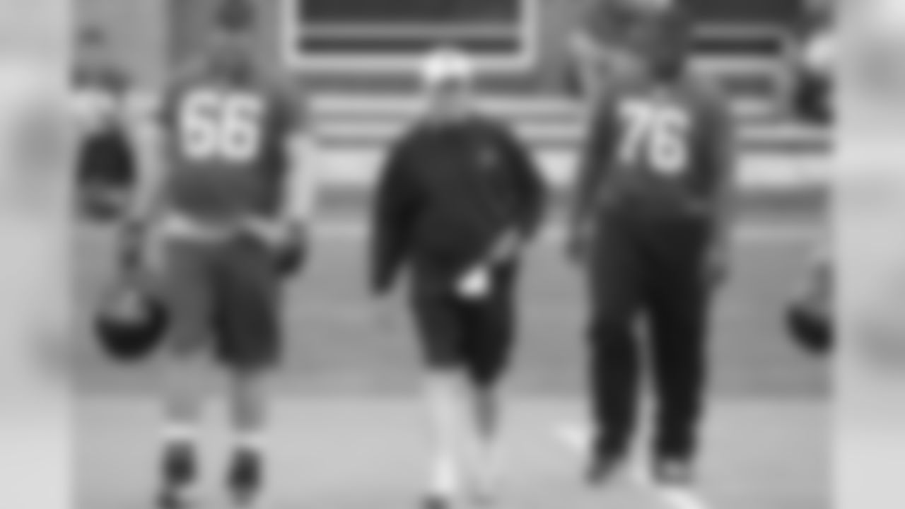 OL coach Pat Hill, center, with C/G Peter Konz, left, and OT Lamar Holmes // 2012 Rookie Minicamp – Day 2 // May 12, 2012 // Flowery Branch –