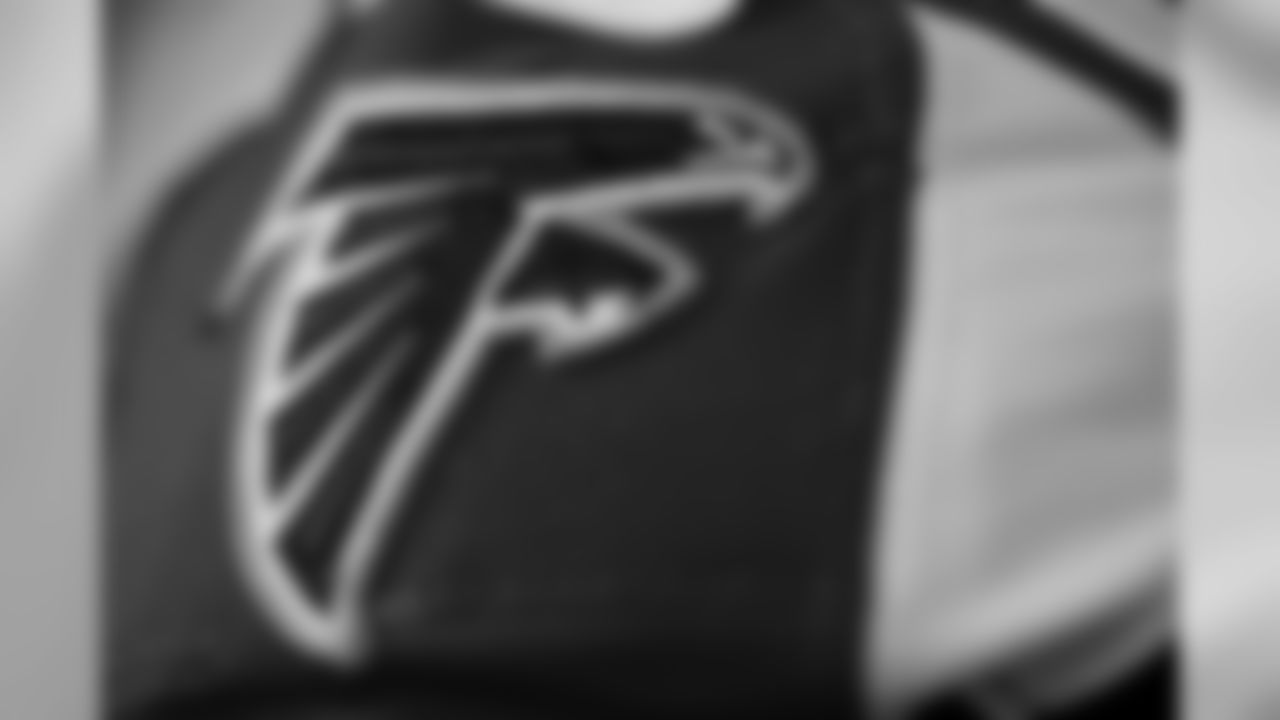 A detailed view of the Atlanta Falcons logo on the shoulder of a jersey in the locker room before the game against the San Francisco 49ers at Levi's Stadium in Santa Clara, CA, on Sunday December 15, 2019. (Photo by Rob Foldy/Atlanta Falcons)