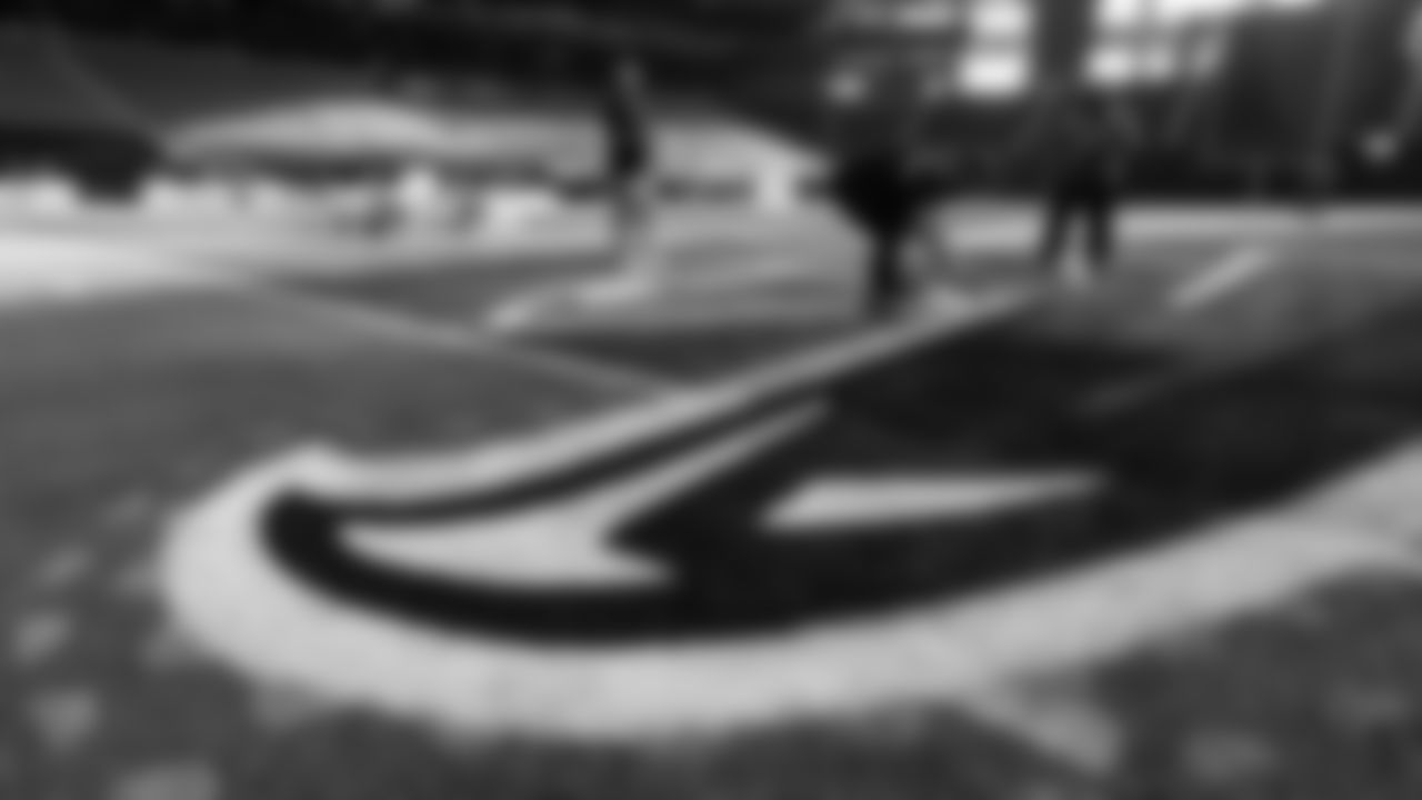 The stadium grounds crew paints the field ahead of the Atlanta Falcons season opener at Mercedes-Benz Stadium in Atlanta, GA on Friday, September 8, 2023. (Photo by Jay Bendlin/Atlanta Falcons)