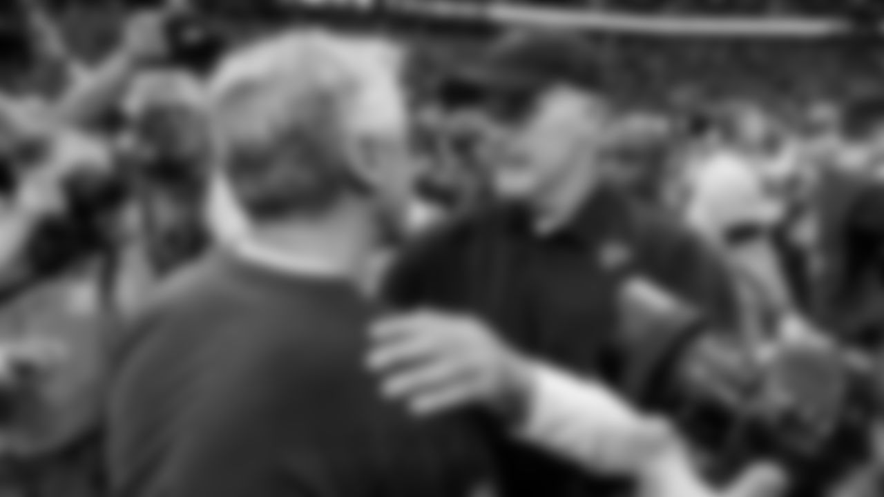 Atlanta Falcons head coach Dan Quinn and Seattle Seahawks head coach Pete Carroll shake hands after the game between the Atlanta Falcons and the Seattle Seahawks at Mercedes-Benz Stadium in Atlanta, GA, on Sunday October 27, 2019. (Photo by Kyle Hess/Atlanta Falcons)