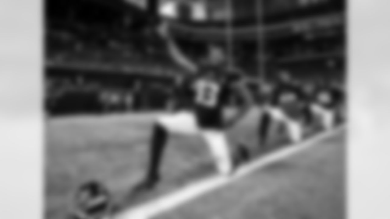 Atlanta Falcons defensive lineman Calais Campbell #93 warms up prior to the Preseason Game against the Cincinnati Bengals at Mercedes-Benz Stadium in Atlanta, Georgia on Friday, August 18, 2023. (Photo by Jay Bendlin/Atlanta Falcons)