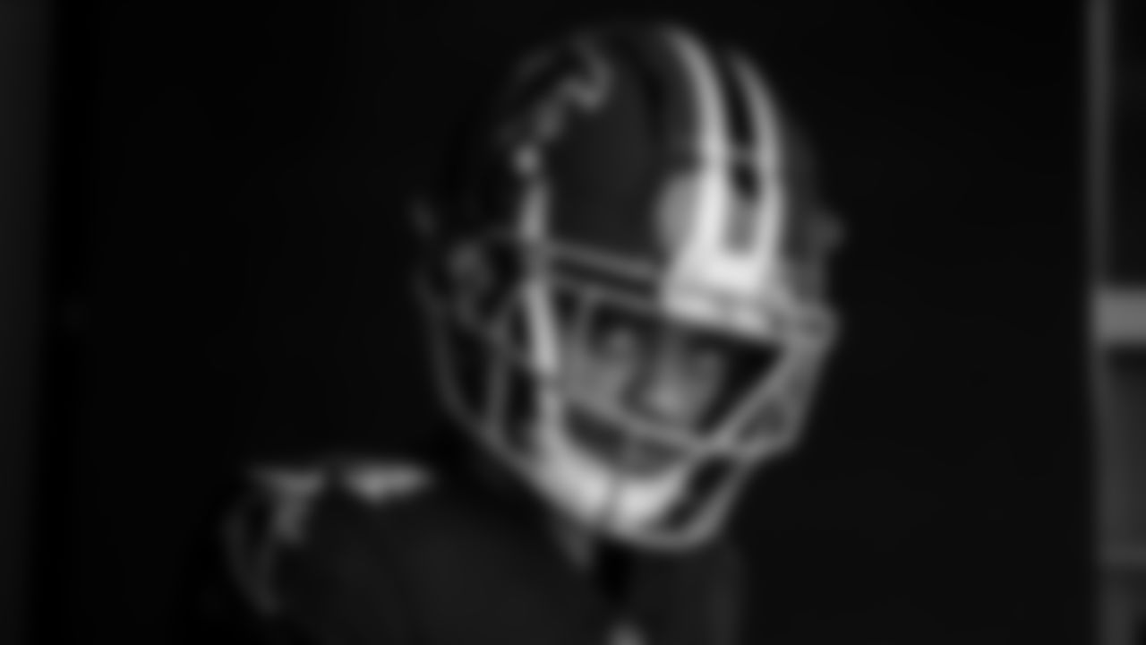 AJ Terrell poses for a portrait during the Red Helmet shoot at Mercedes-Benz Stadium in Atlanta, Georgia on Friday, May 17, 2022. (Photo by Brandon Magnus/Atlanta Falcons)