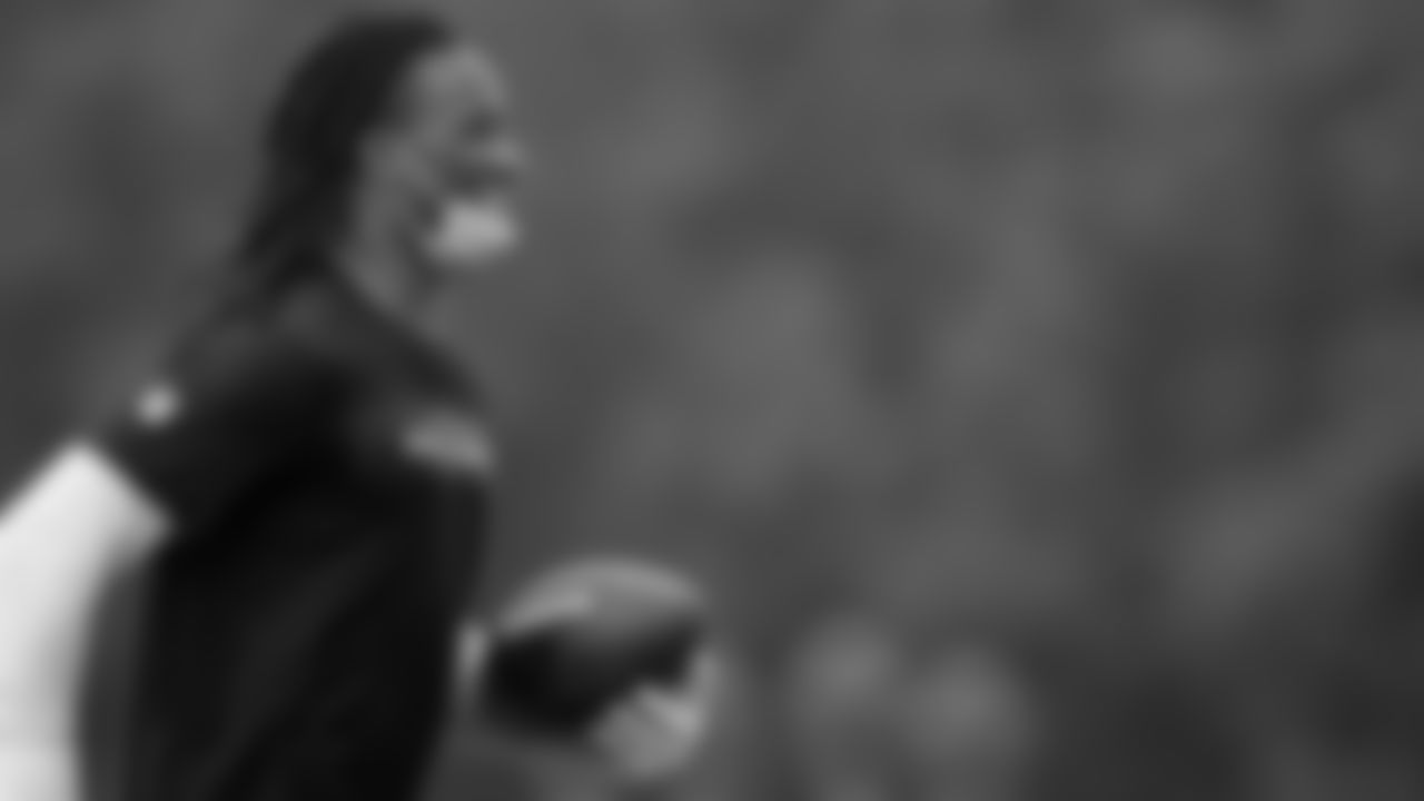 Atlanta Falcons running back Todd Gurley #21 smiles at AT&T Atlanta Falcons Training Camp on August 3, 2020 in Flowery Branch, Ga. (Photo by Kara Durrette/Atlanta Falcons)