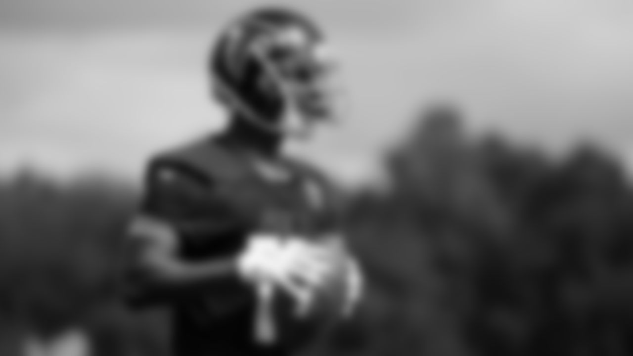 Atlanta Falcons wide receiver Calvin Ridley #18 looks on as he holds a ball at AT&T Atlanta Falcons Training Camp on August 23, 2020 in Flowery Branch, GA. (Photo by Kara Durrette/Atlanta Falcons)